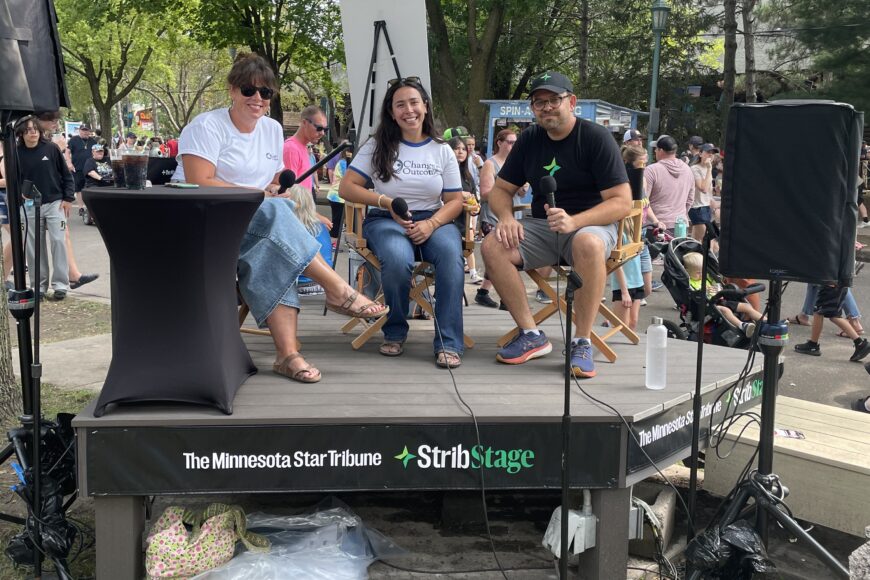 Change the Outcome team members Hanna Kazempour and Megan Wagner sit with Minnesota Star Tribune Reporter Reid Forgrave for an interview at the Minnesota State Fair